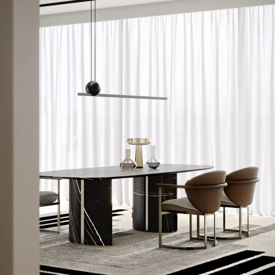 Sophisticated Capital Ercole table built in dark polished marble with golden veining and satin metallic accents