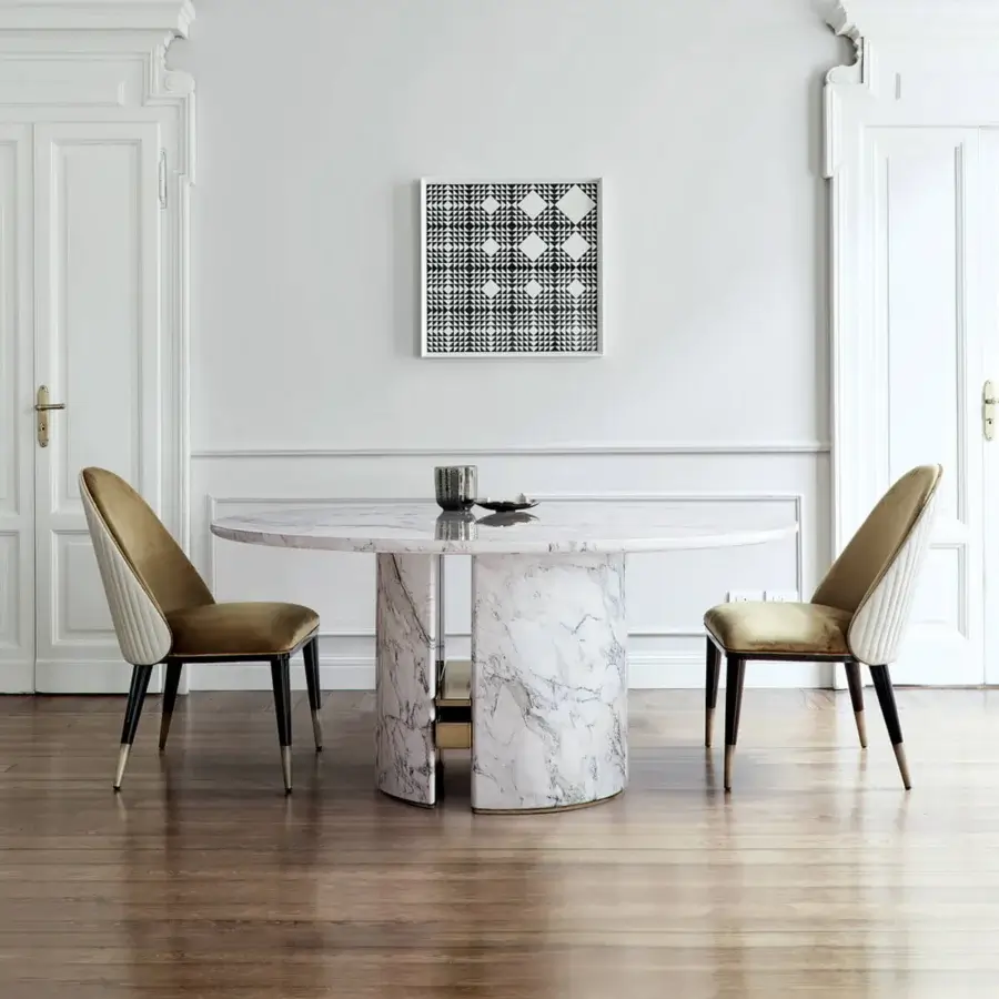 Superior Capital Ercole table crafted in polished marble with striking gray and white veining plus a bright metallic insert