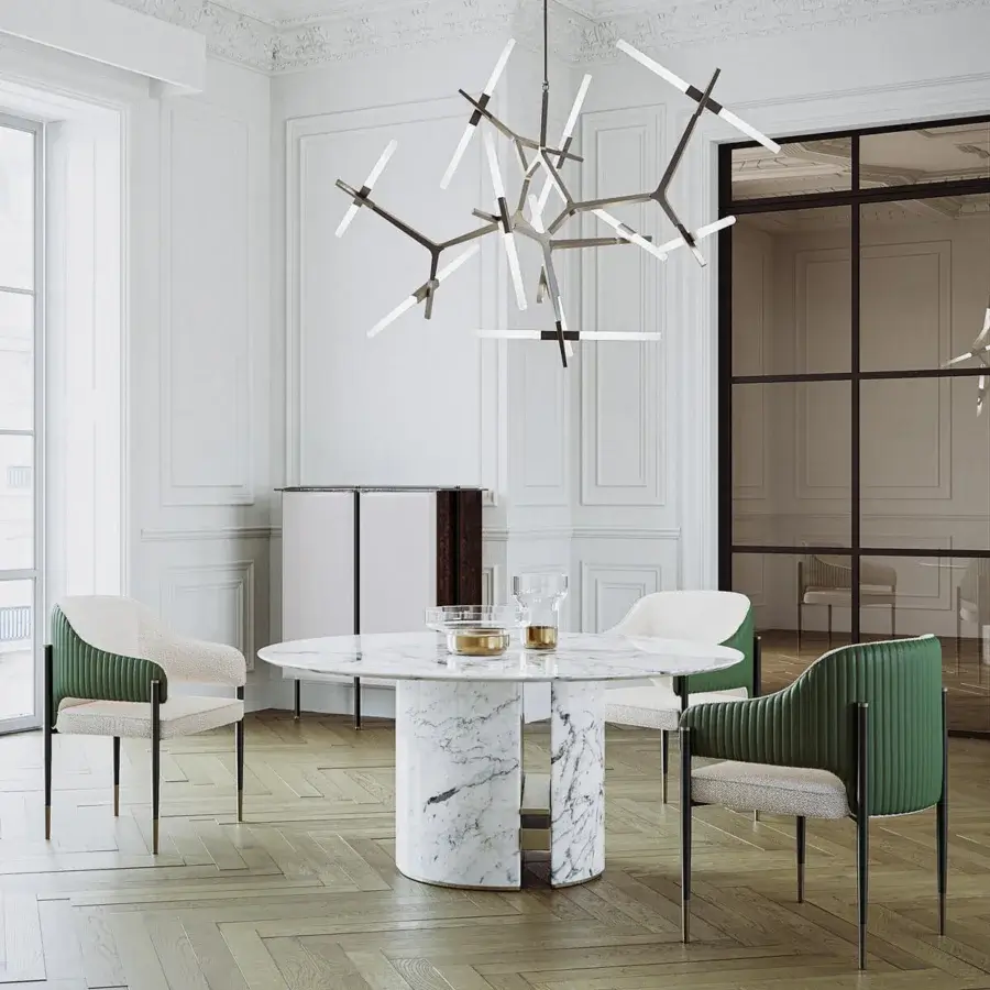 Distinguished Capital Ercole table crafted in white marble with elegant grey veining and polished glossy finish