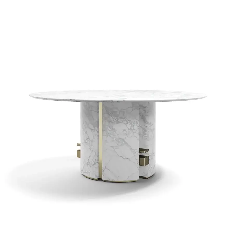 Exceptional Capital Ercole table built in light marble with grey veining and golden-toned metal accents with polished finish