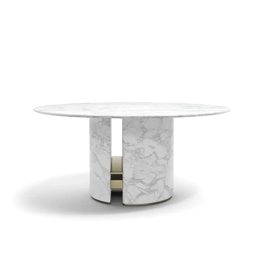 Harmonious Capital Ercole table built in polished white marble with subtle gray and beige veining and recessed metallic detail