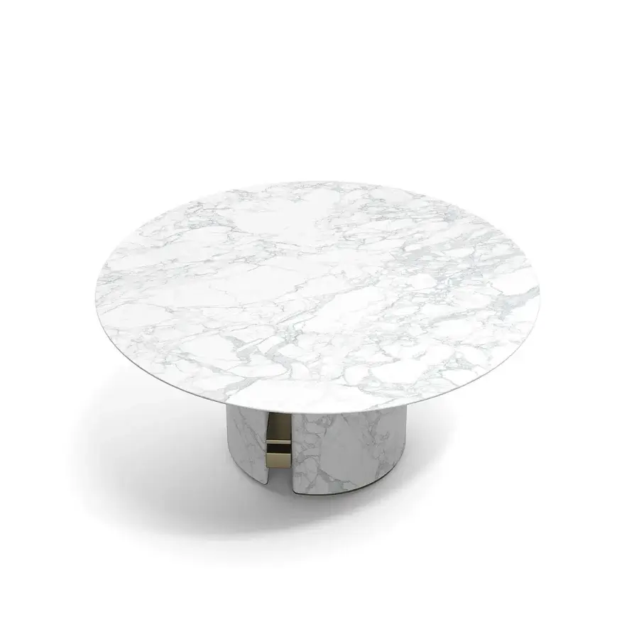 Superior Capital Ercole table built in polished white marble with gray veining and a gold-toned metal insert for concealed storage