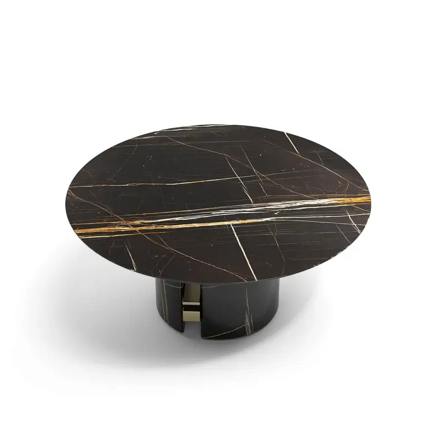 Distinguished Capital Ercole table crafted in glossy white marble with golden veining and a satin-finished dark base with metal insert