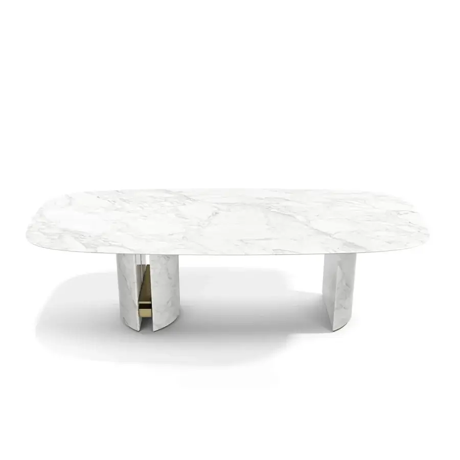 Superior Capital Ercole table built in marble with subtle grey veining and satin finished pedestal bases with golden metal accents