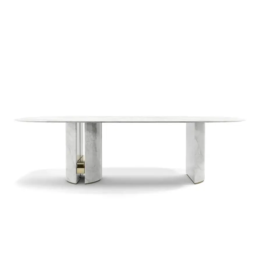 Distinguished Capital Ercole table crafted in light marble with golden accents and a polished smooth finish