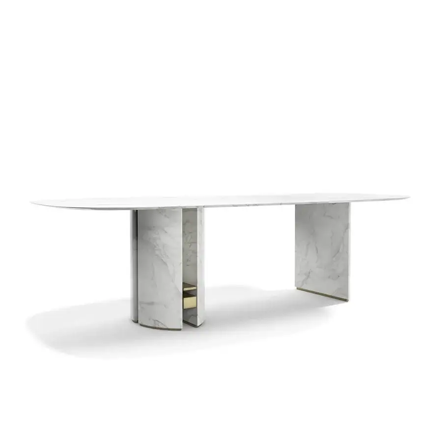 Exceptional Capital Ercole table built in light marble with gray veining and subtle golden metal accents