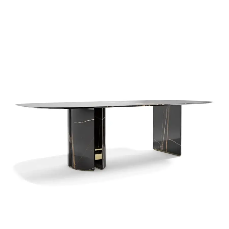 Superior Capital Ercole table crafted in polished black marble with golden-brown veining and a subtle metal insert