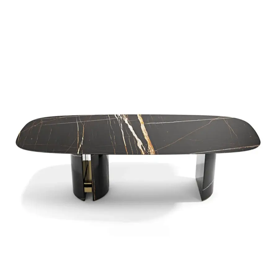 Exceptional Capital Ercole table built in dark polished marble with subtle gold metal accents and striking white gold veining