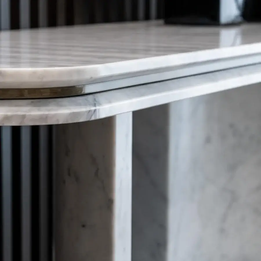 Distinguished Capital Ercole console crafted from pure white and gray-veined marble with refined metallic detail and polished finish
