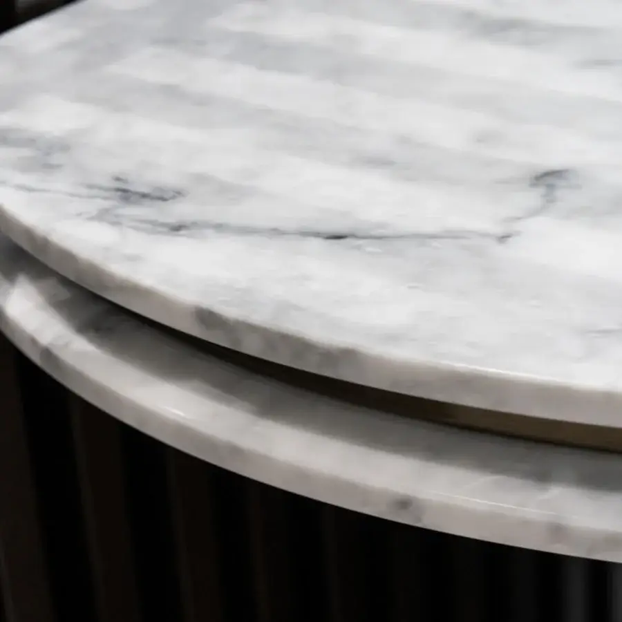 Elegant Capital Ercole console sculpted from pure polished white marble with striking gray veining and a dark-toned vertically slatted base