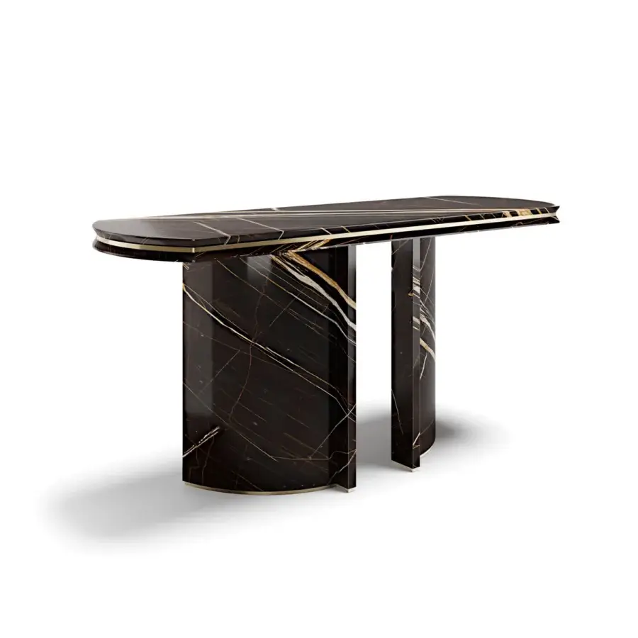 Distinguished Capital Ercole console crafted from dark marble with golden veining and polished gold-finished metal detailing