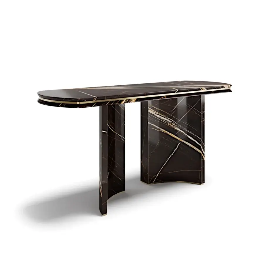 Superior Capital Ercole console sculpted from dark marble with golden veining and refined gold finished metal detailing