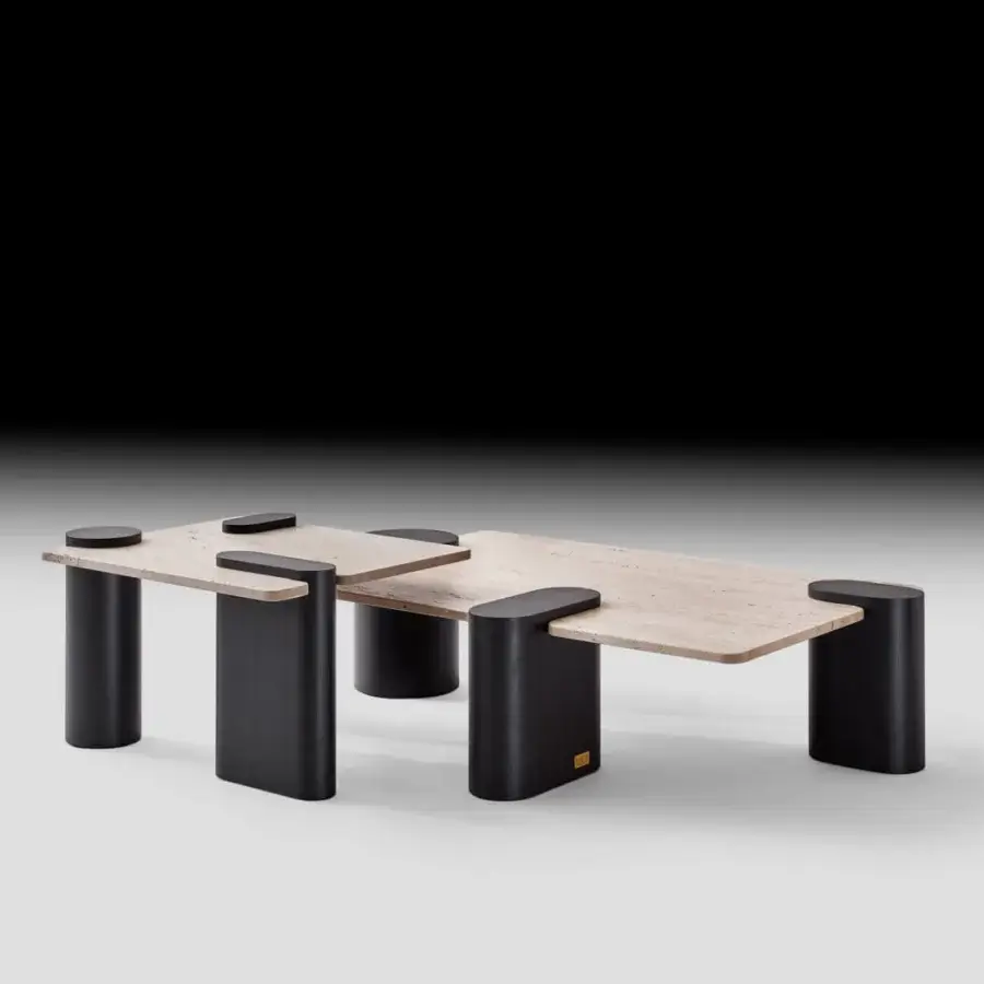 Architectural Black Tie Amoris coffee table with light beige stone and dark matte black finish crafted in Italy
