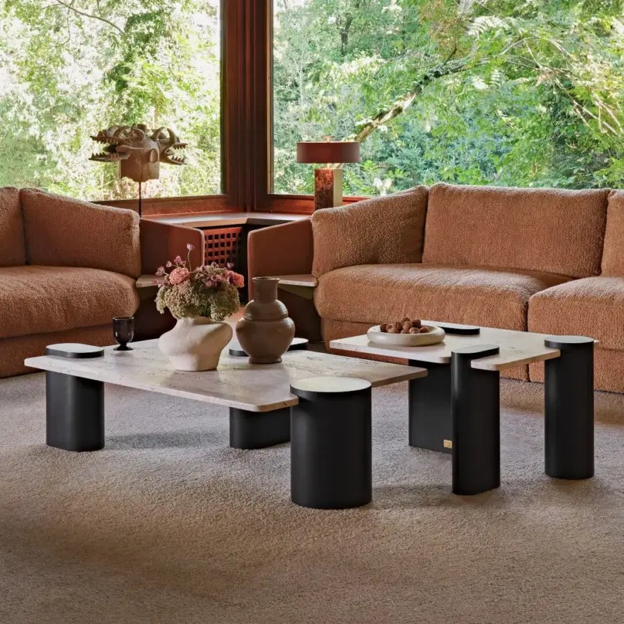 Superior Black Tie Amoris coffee table crafted with neutral beige-gray marble and quartzite displaying a matte finish