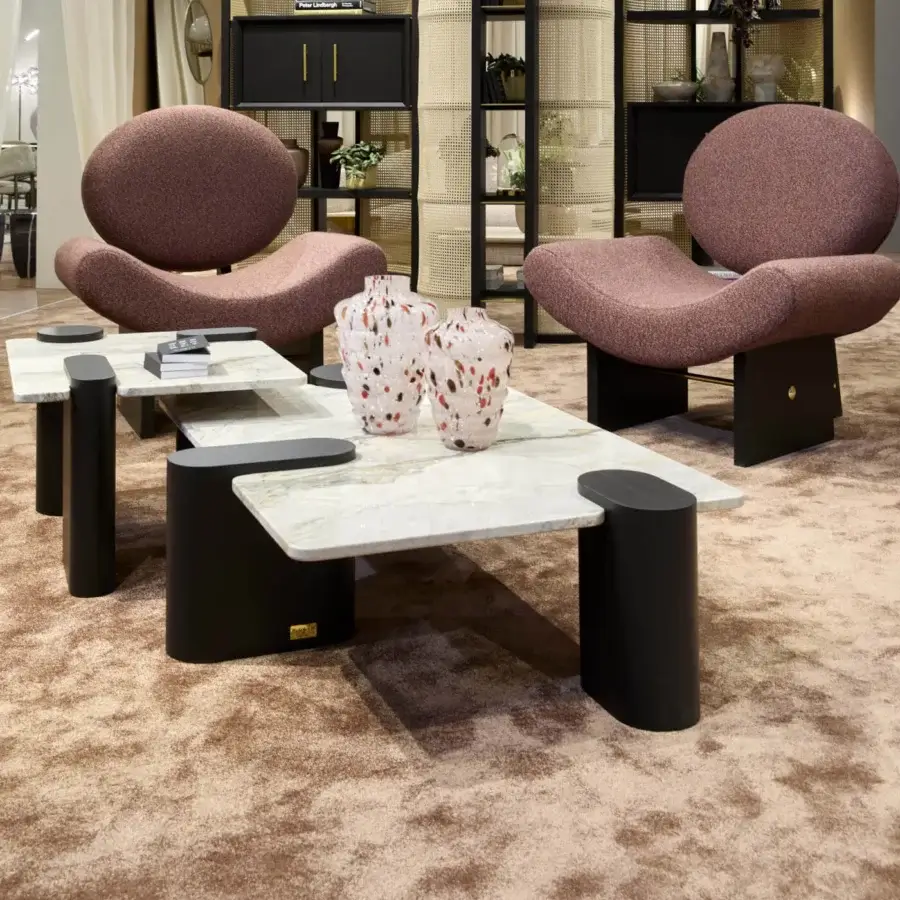 Captivating Black Tie Amoris coffee table with a light grey marble tabletop and asymmetrically positioned matte black metal supports