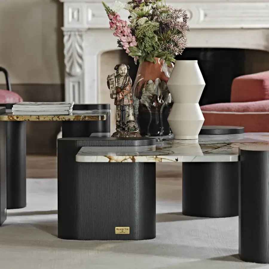 Distinguished Black Tie Amoris coffee table crafted in dark-toned wood with a polished marble and quartzite tabletop in warm beige, brown, and gold tones