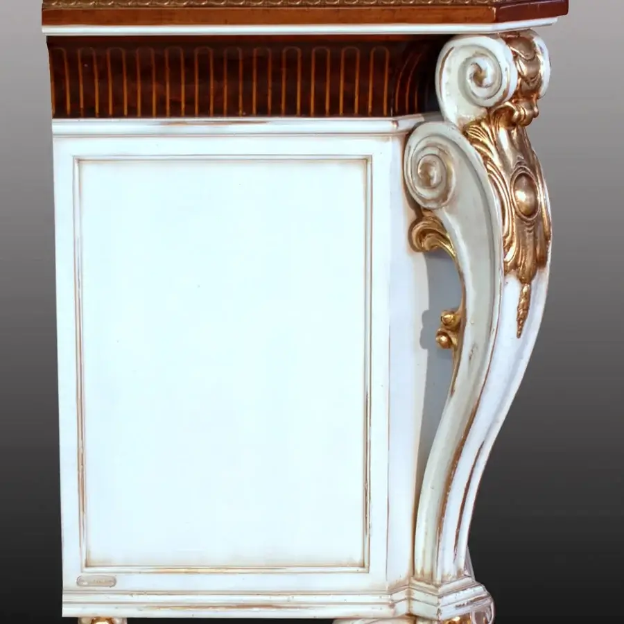 Lavish Faber Mobili Allnatt sideboard crafted in Persian walnut burl with maple inlay and antique mirrored doors featuring glossy and satin finishes