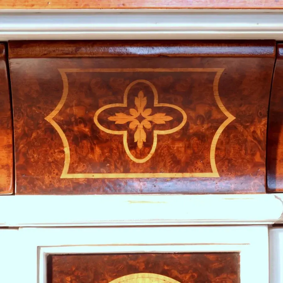 Exquisite Faber Mobili Allnatt sideboard crafted in Persian walnut burl with intricate maple inlay and glossy finish