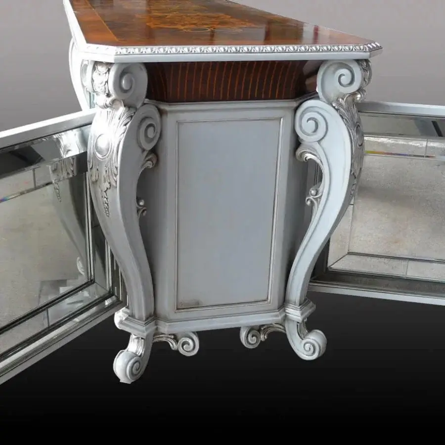 Distinguished Faber Mobili Allnatt sideboard crafted in Persian walnut burl with maple inlay and antique mirrored glass doors in pale gray finish