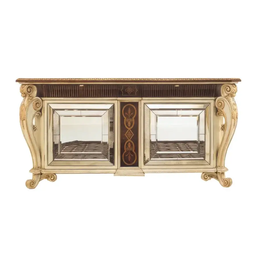 Distinguished Faber Mobili Allnatt sideboard with maple inlay and Persian walnut burl, enhanced by a cream-colored, subtly distressed finish