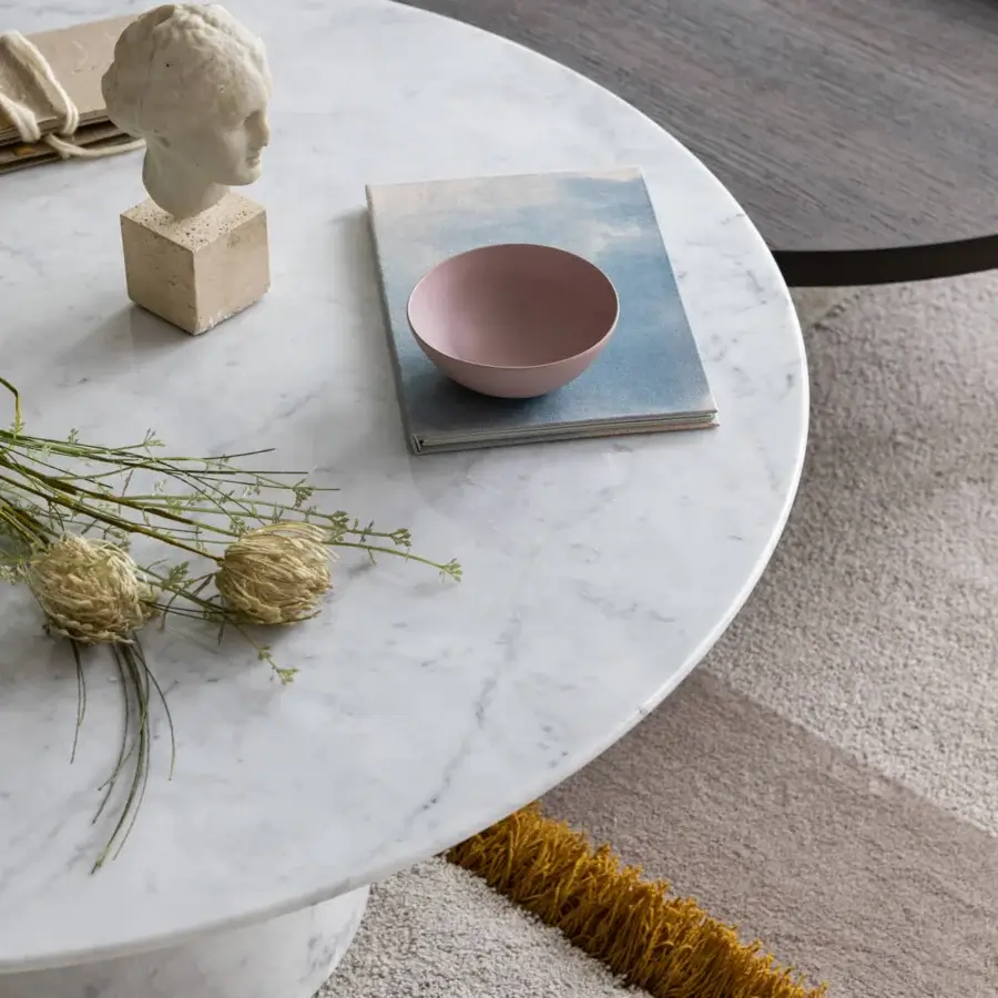 Superior Capital Ercolino coffee table in luminous white marble with striking grey veining and cylindrical base