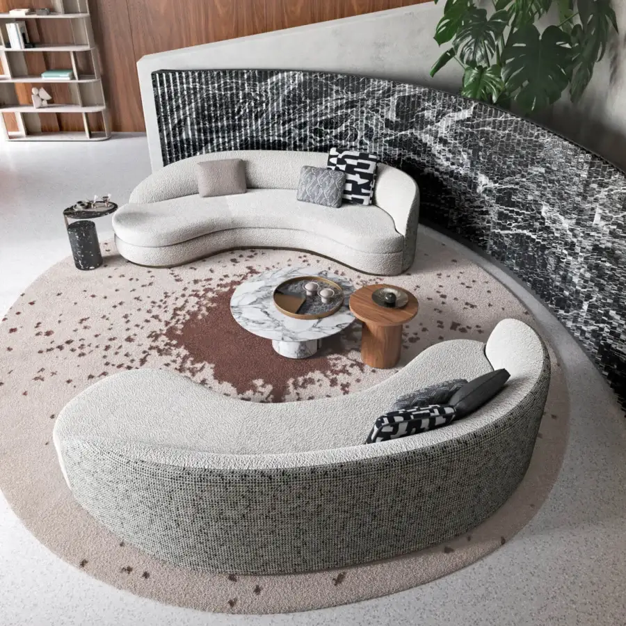 Superior Capital Ercolino coffee table built in white and grey veined marble with a satin dark-toned wood pedestal