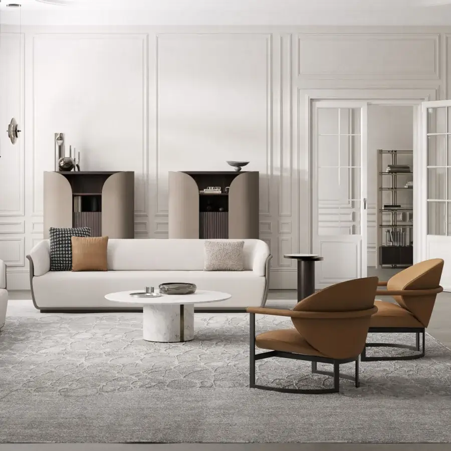 Elegant Capital Ercolino coffee table crafted in luminous marble with a matte white metal pedestal base