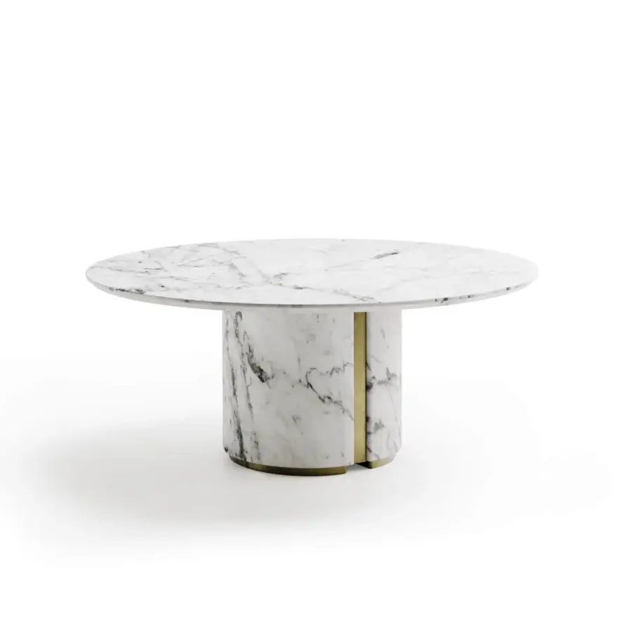 Lavish Capital Ercolino coffee table crafted in luminous white marble heavily veined with gray and polished to a sheen with gold-toned metal accents