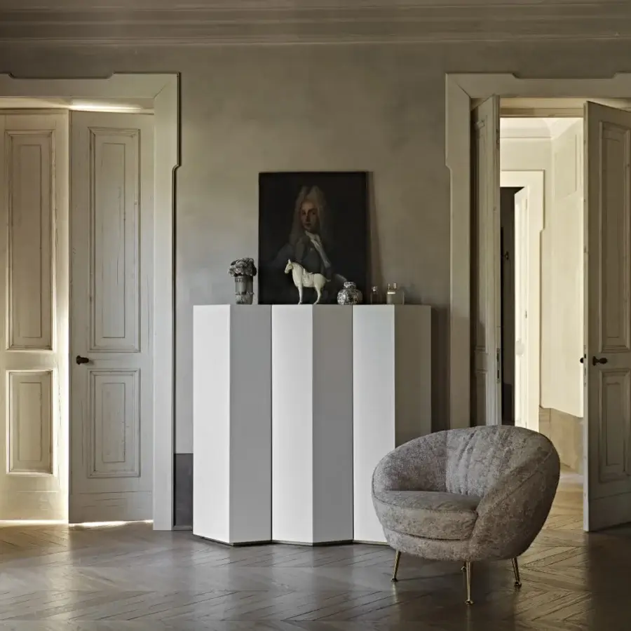 Architectural Black Tie Gemma cupboard with geometric silhouette and matte off-white finish crafted in Italy