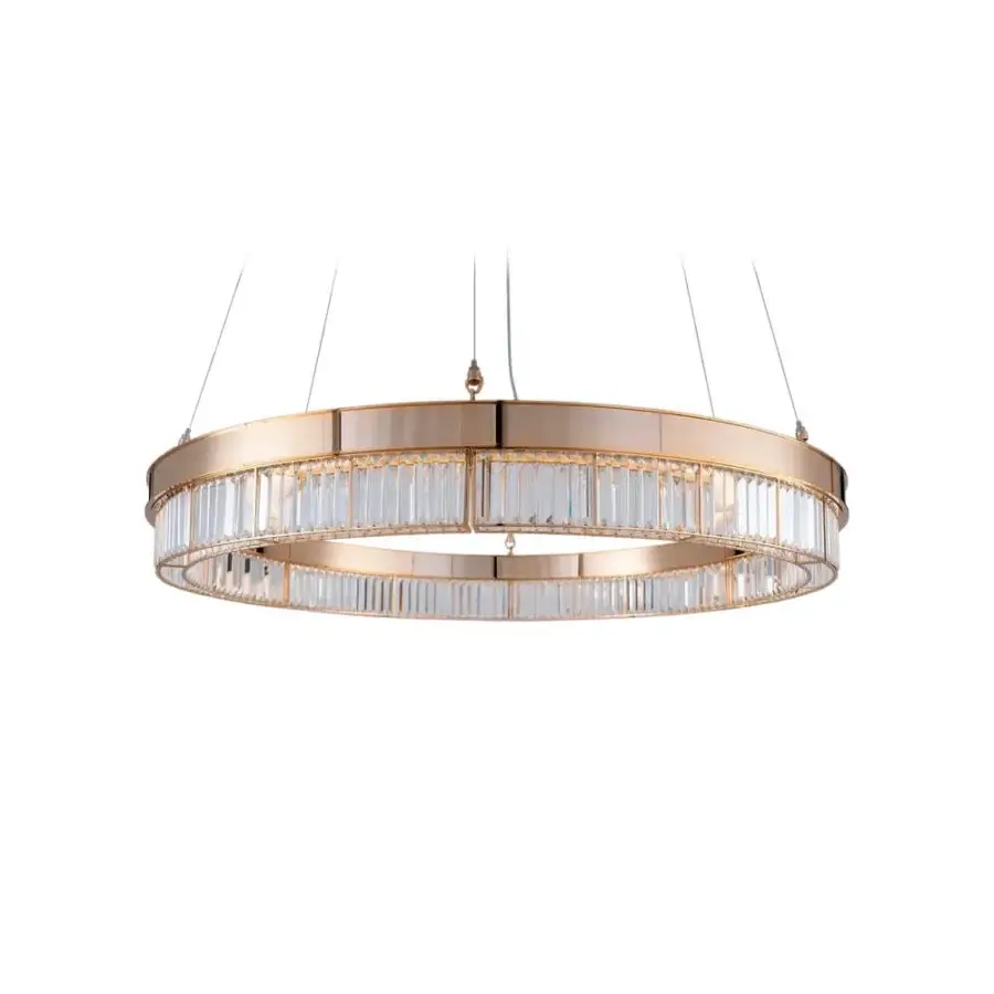 Superior Patrizia Garganti Gisele suspension lamp with geometric silhouette and warm gold-toned metal with clear glass integration
