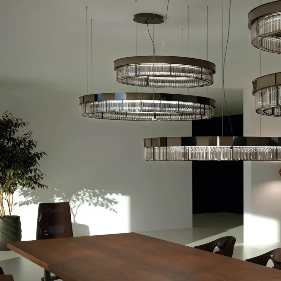 Superior Patrizia Garganti Gisele suspension lamp in dark-toned metal alloy with clear glass cylinders and satin finish