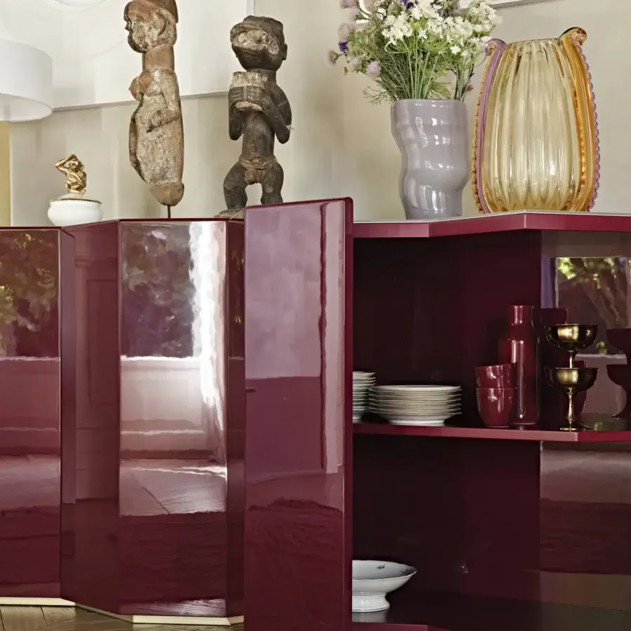 Exceptional Black Tie Gemma sideboard crafted in Italy with lacquered wood exhibiting a glossy burgundy finish