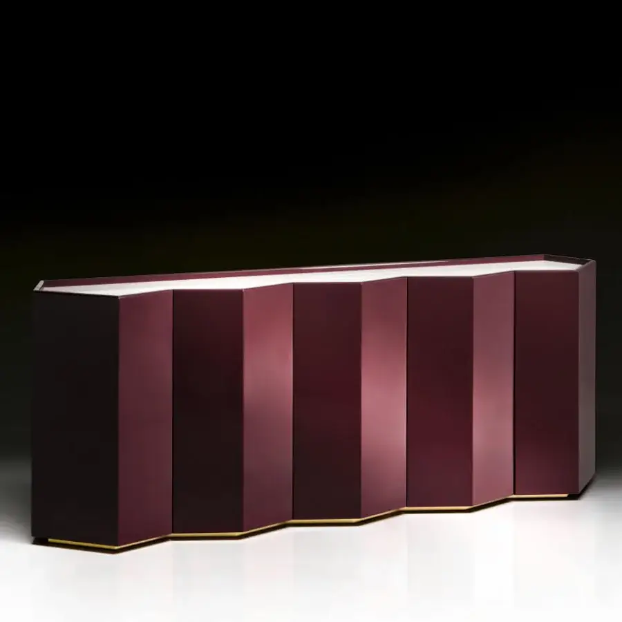 Distinguished Black Tie Gemma sideboard crafted in Italy with burgundy glossy finish and delicate gold trim