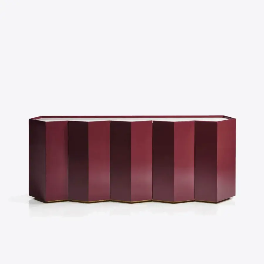 Exceptional Black Tie Gemma sideboard crafted in Italy with a deep burgundy high-gloss finish and faceted planes