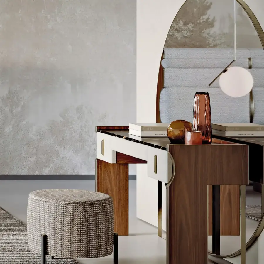 Elegant Capital Trilogy mirror with brass-toned satin metal and warm medium-brown wood panels crafted in Italy