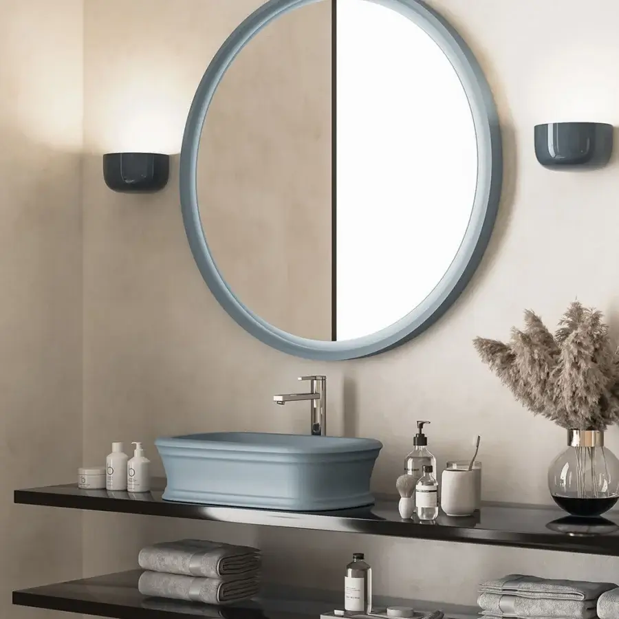 Exceptional Norah Design MCVSPC01 mirror with a balanced circular form in muted blue-grey Norahcryl and velvety matt finish