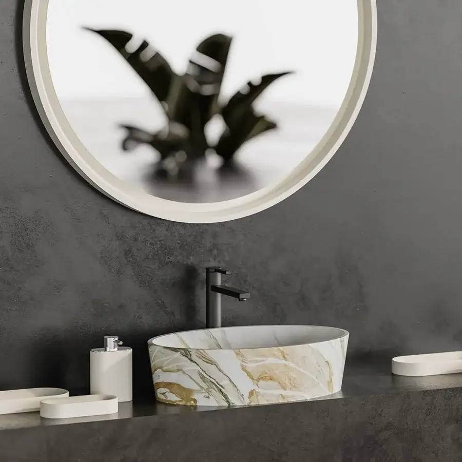 Superior Norah Design MCVSPC01 mirror crafted in off-white Norahcryl with a velvety matt texture and balanced circular form