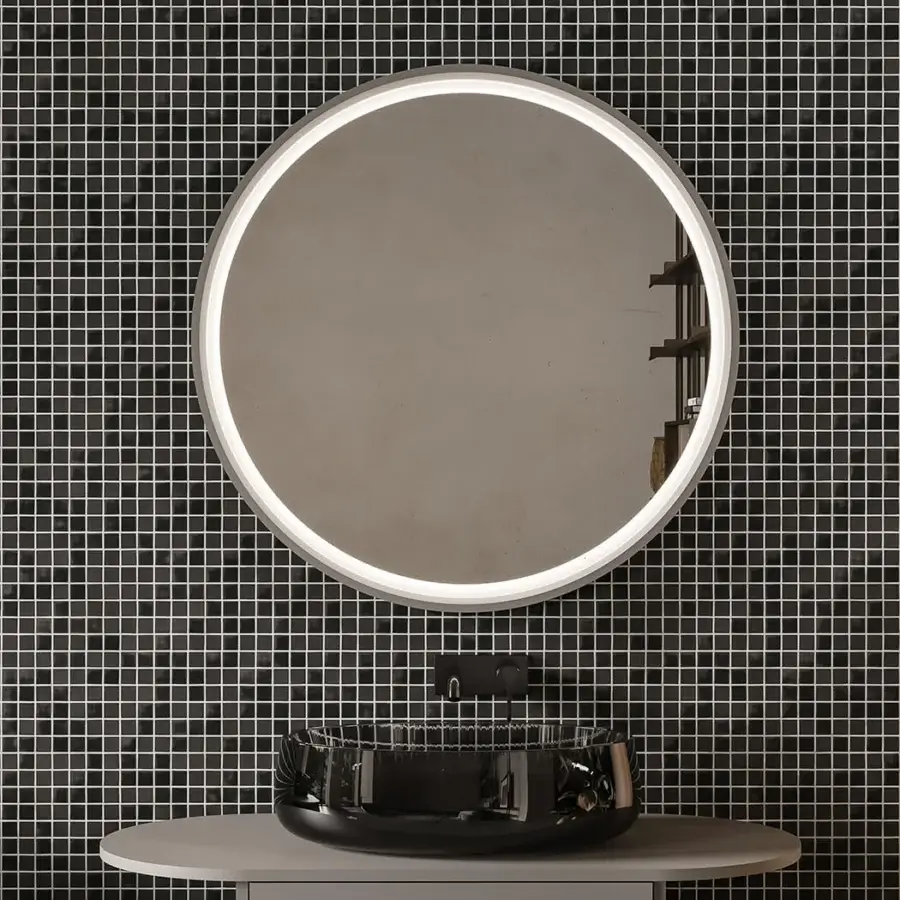 Sophisticated Norah Design MCVSPC01 mirror with circular form built in neutral gray Norahcryl and velvety matt finish