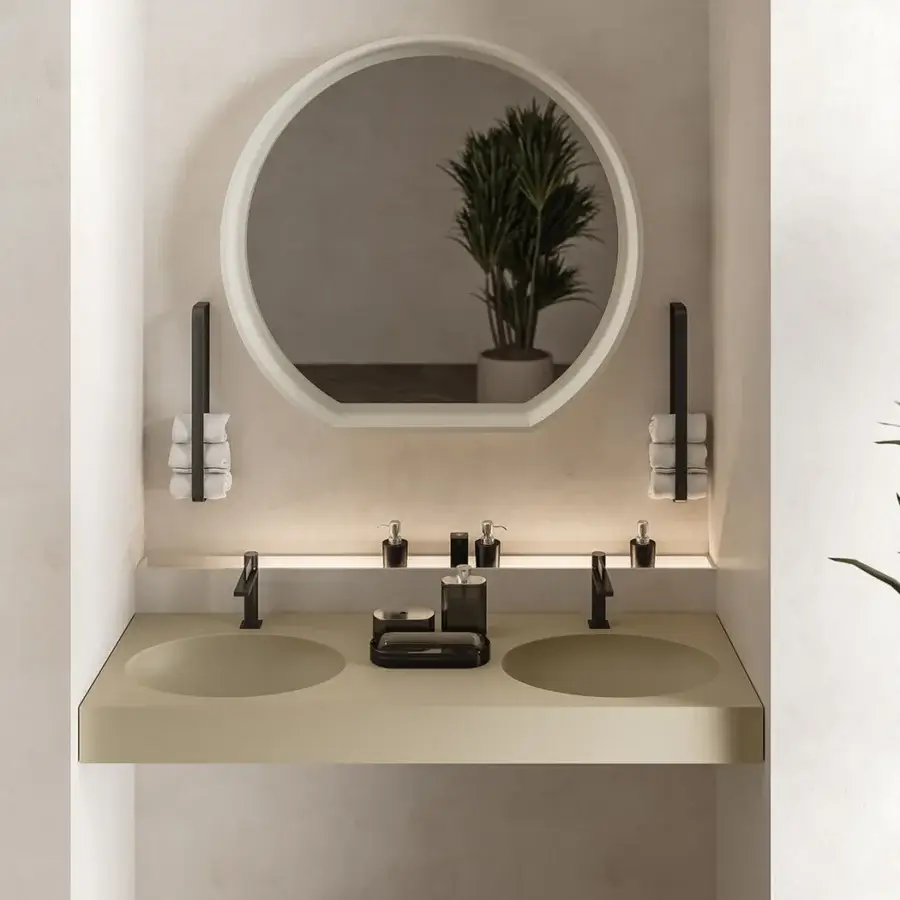 Elegant Norah Design MCVSPC02 mirror with balanced circular form built in velvety matt white Norahcryl solid surface