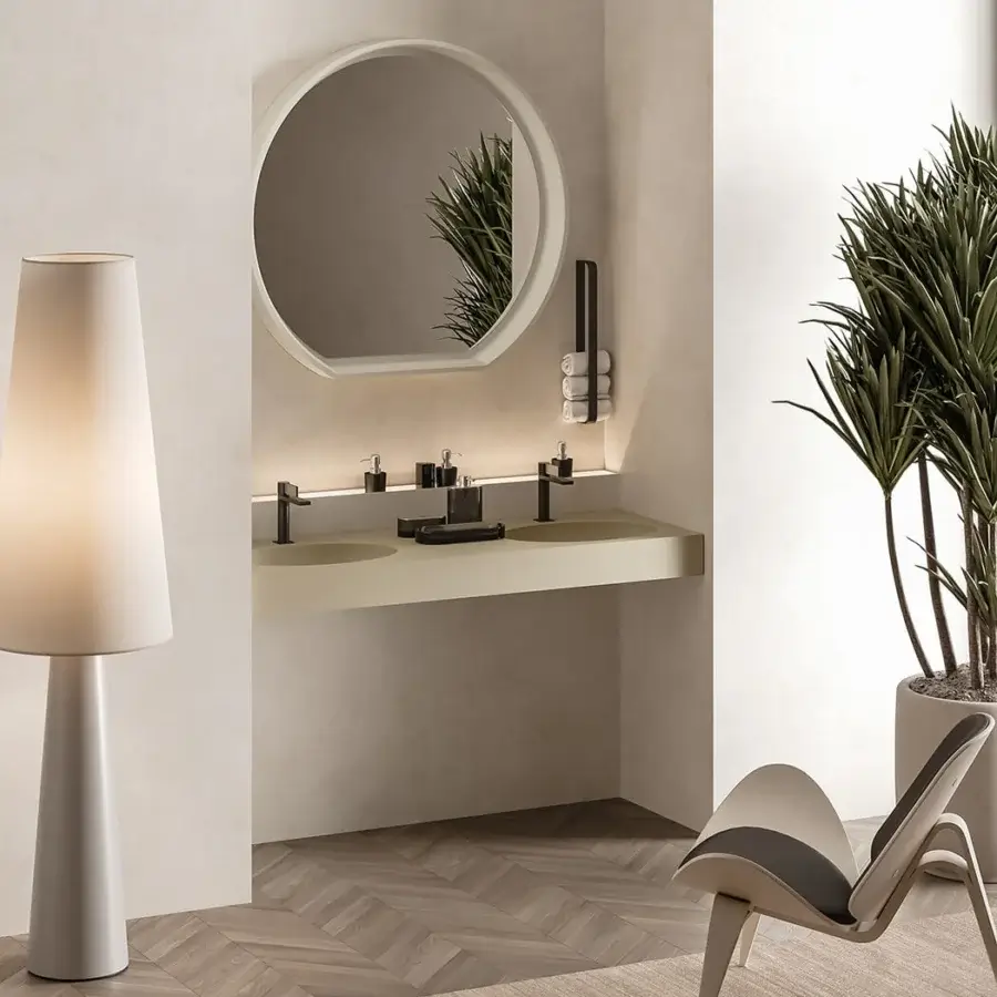 Distinguished Norah Design MCVSPC02 mirror with circular clear glass reflection built in subtle beige Norahcryl with velvety matt texture