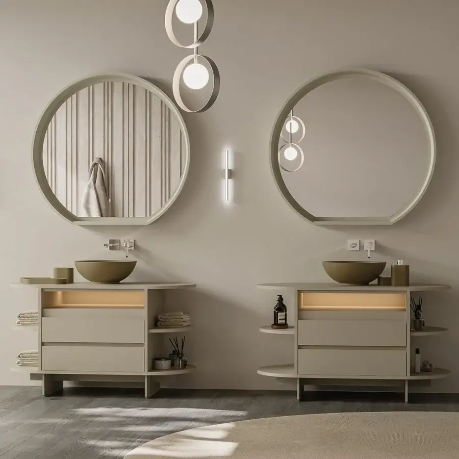 Exceptional Norah Design MCVSPC02 mirror with round clear glass and integrated shelf in velvety sage green Norahcryl finish