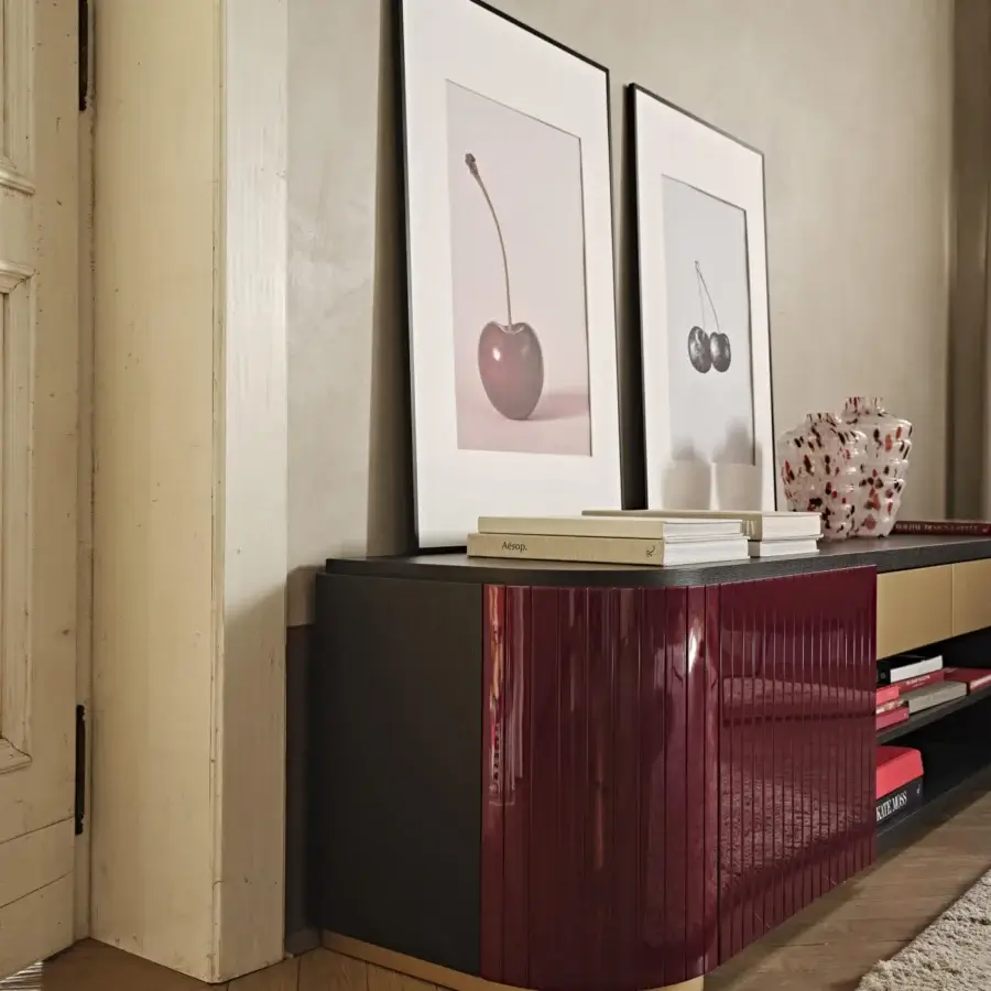 Exceptional Black Tie Kota TV stand crafted with wood and richly colored fluted panels in a high-gloss finish