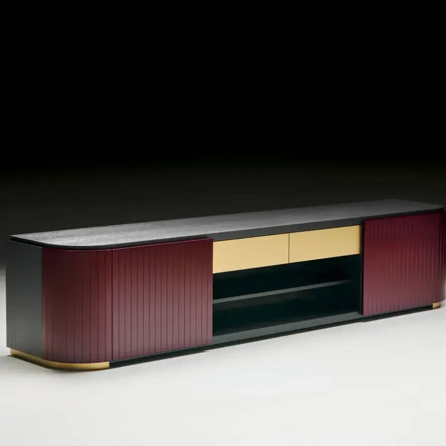 Harmonious Black Tie Kota TV stand crafted in Italy with burgundy ribbed detailing and sleek black matte finish accented with gold-toned metal