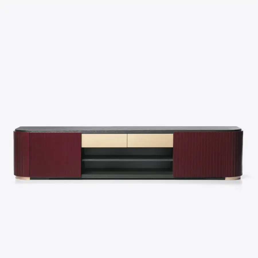 Superior Black Tie Kota TV stand crafted in Italy with dark wood, reddish-burgundy panels and a gold-toned drawer front in satin finish
