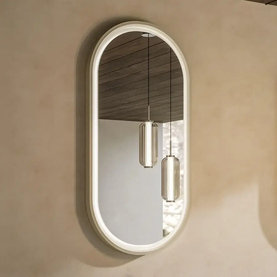 Elegant Norah Design mirror crafted in off-white NorahCryl with velvety matte finish and curved lines