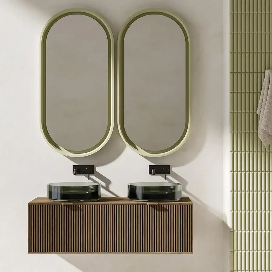 Elegant Norah Design MCVSPC04-08 mirror with an elongated oval silhouette built in NorahCryl with a velvety matte olive green finish