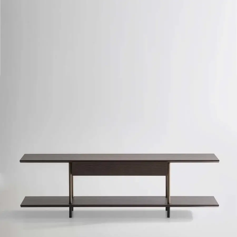 Elegant Potocco Arial bookcase crafted in dark brown wood with bronzed brass supports and a rectangular drawer