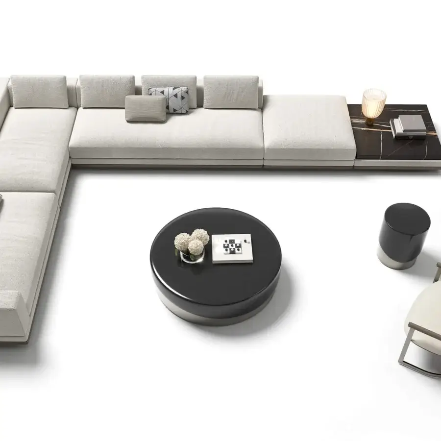 Superior Capital Merian coffee table with a fluid lacquered tabletop and solid metallic finish base