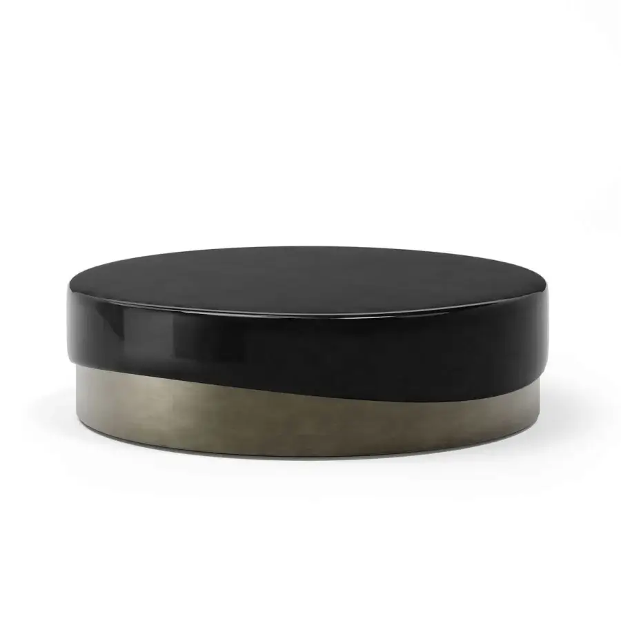 Distinguished Capital Merian coffee table with a glossy black lacquered tabletop and muted gold-toned metallic finish base