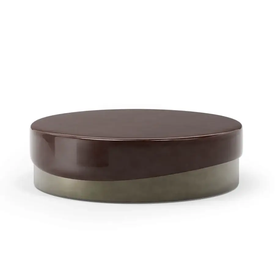 Distinguished Capital Merian coffee table crafted with a matt mahogany-toned lacquered surface and muted olive-grey metallic base